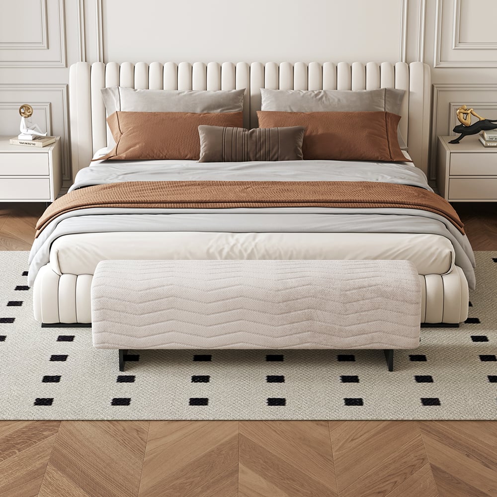 HMR - 57.5"W Modern Beige Knitted Velvet Upholstered Bedroom Bench with Stainless Steel Legs
