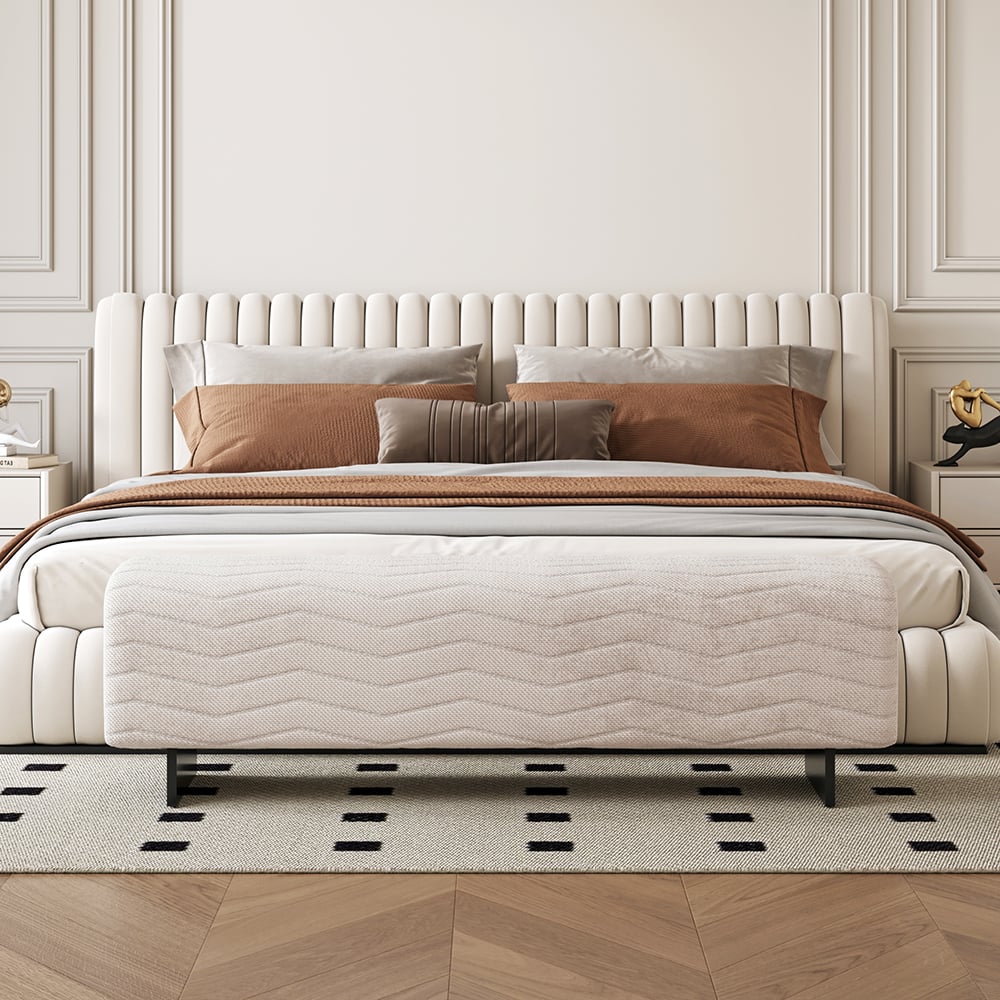 HMR - 57.5"W Modern Beige Knitted Velvet Upholstered Bedroom Bench with Stainless Steel Legs