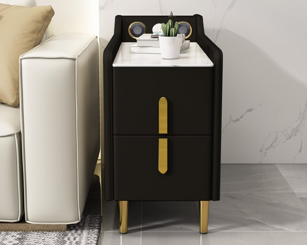 HMR Modern Multifunctional Narrow Side Table Sintered Stone Top End Table Speaker & USB Port - Black