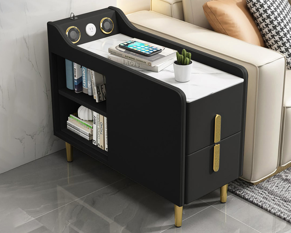 HMR Modern Multifunctional Narrow Side Table Sintered Stone Top End Table Speaker & USB Port - Black