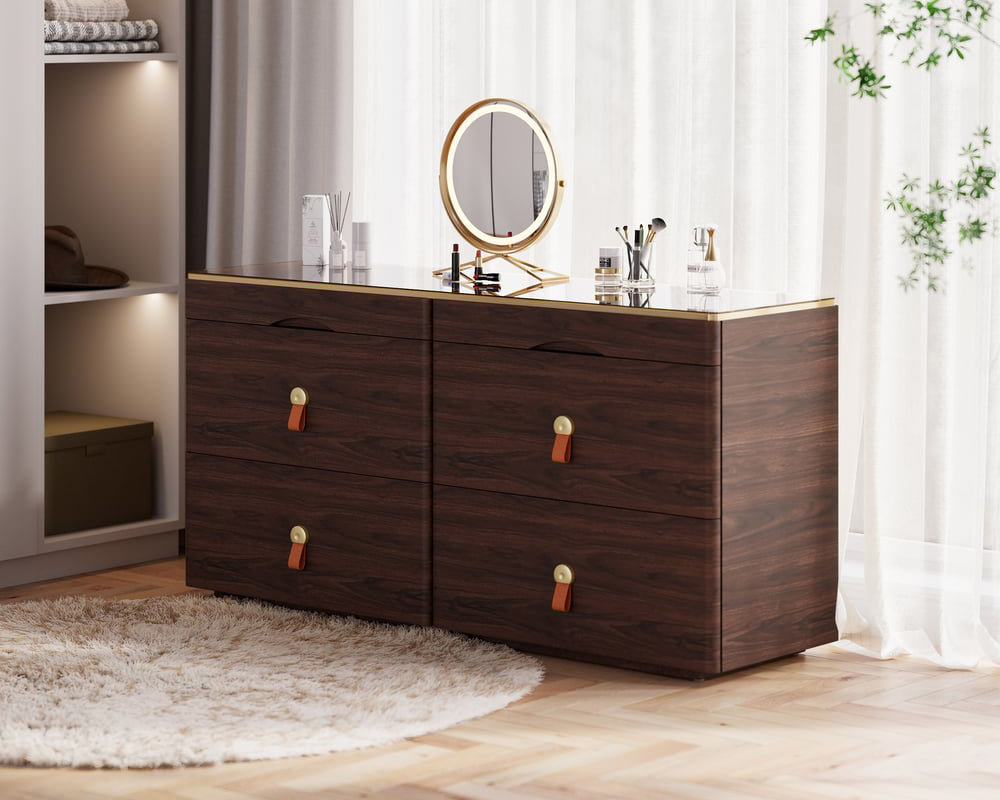 HMR Chanor 47" Glass Top 6-Drawer Dresser - Walnut