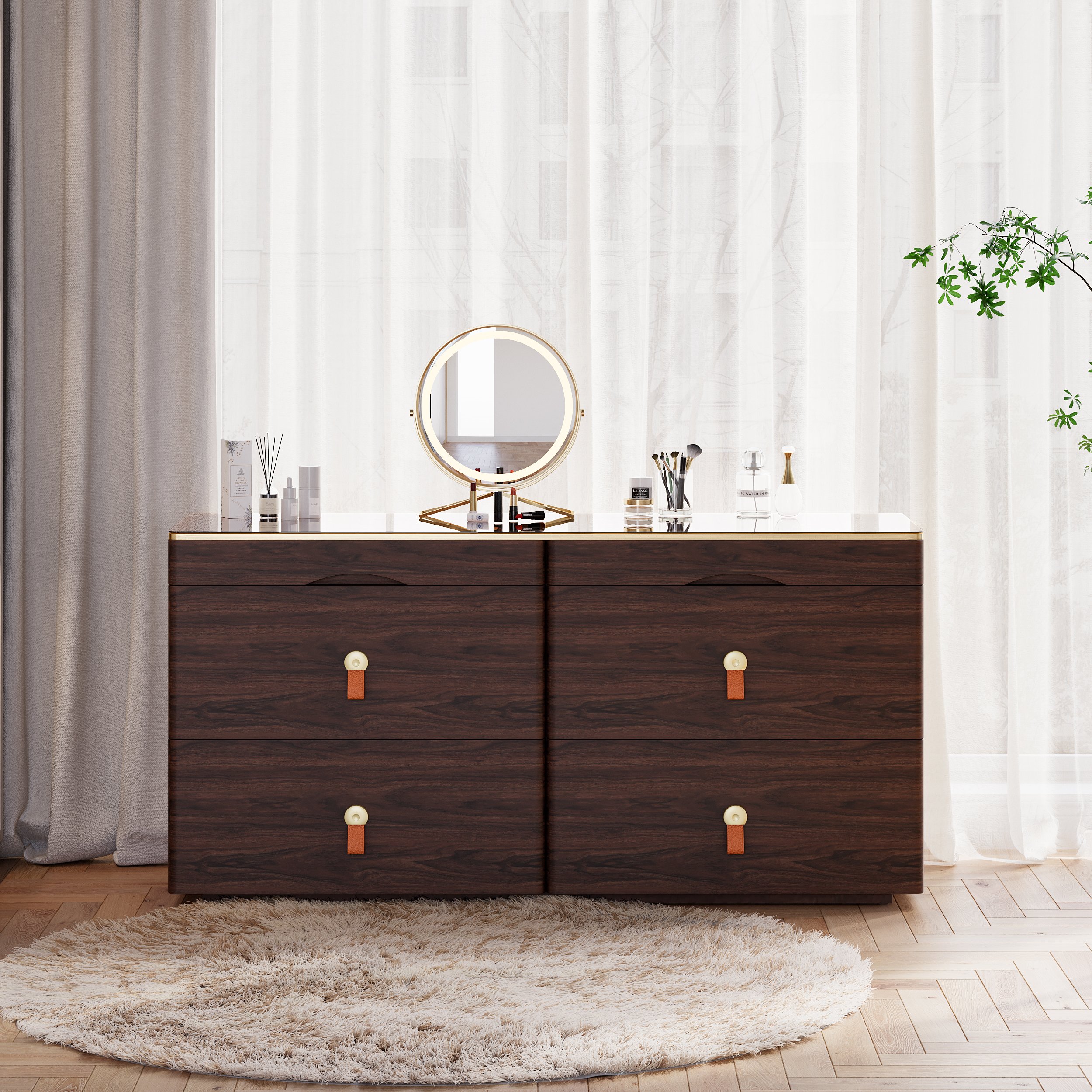 HMR Chanor 47" Glass Top 6-Drawer Dresser - Walnut
