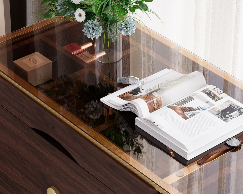HMR Chanor 47" Glass Top 6-Drawer Dresser - Walnut