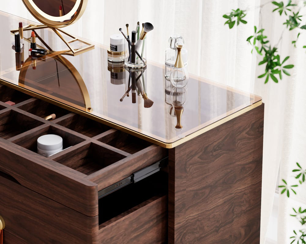 HMR Chanor 47" Glass Top 6-Drawer Dresser - Walnut