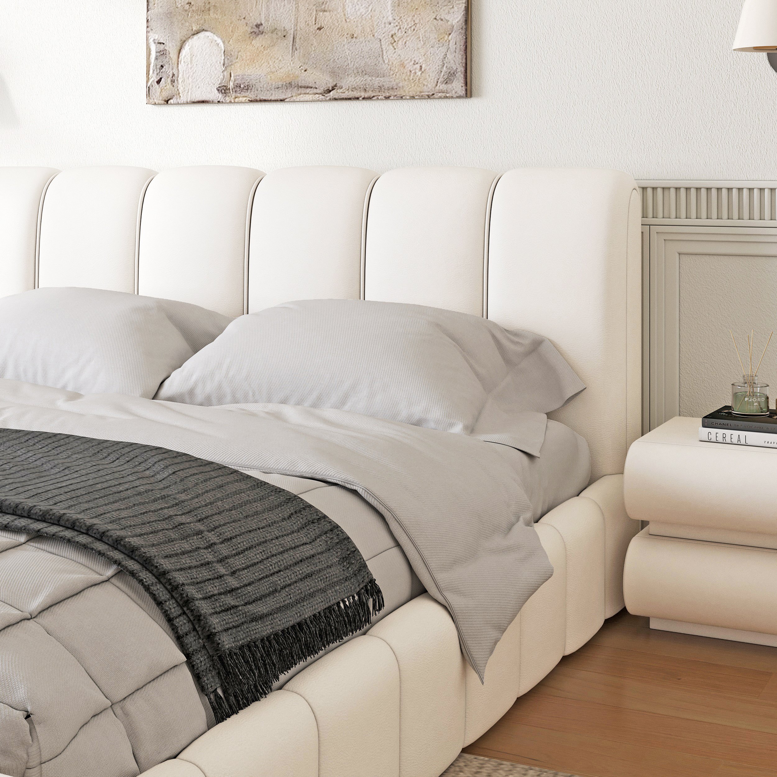 HMR Humply White Leather Wingback King Bed Frame - White, Bed & Nightstand Set