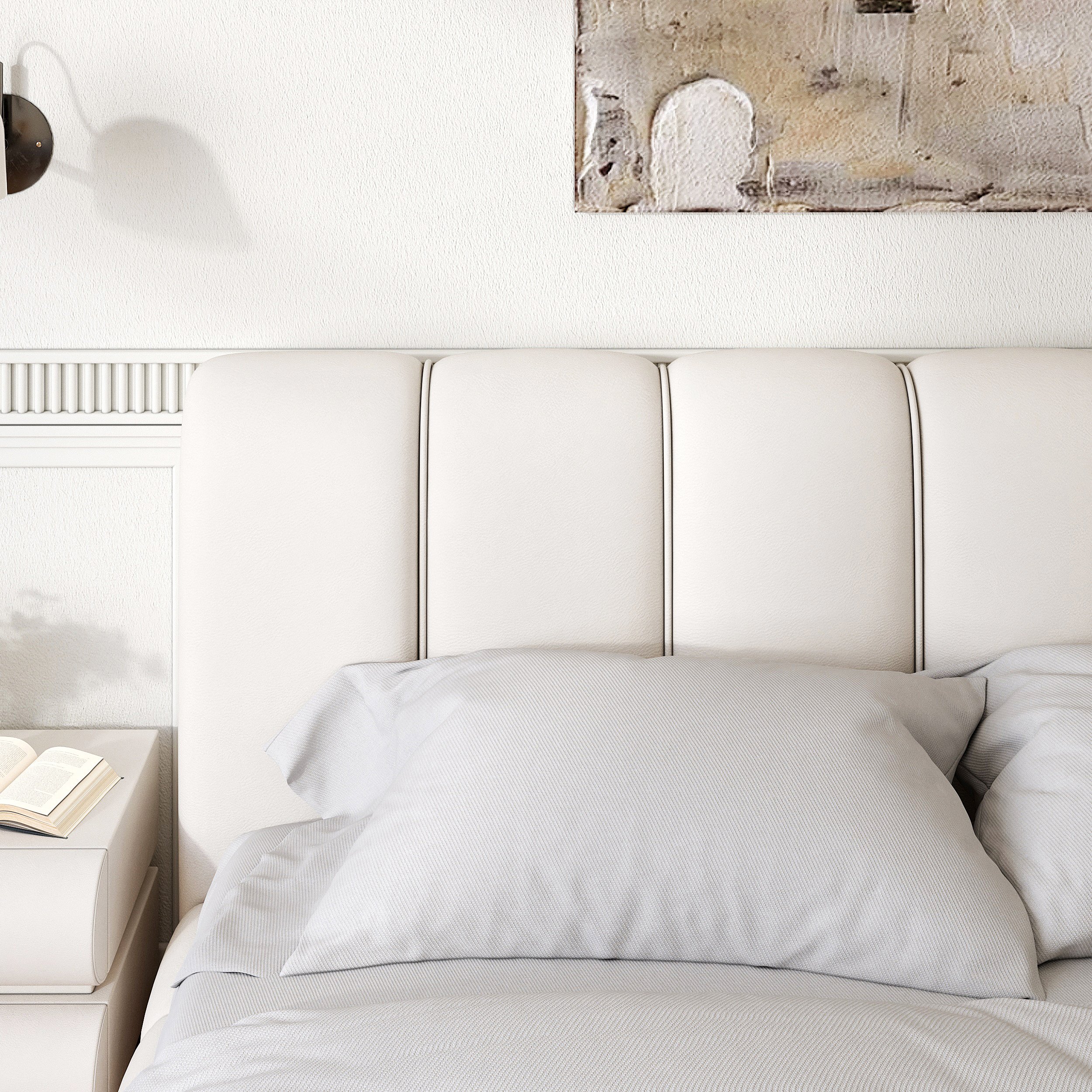 HMR Humply White Leather Wingback King Bed Frame - White, Bed & Nightstand Set
