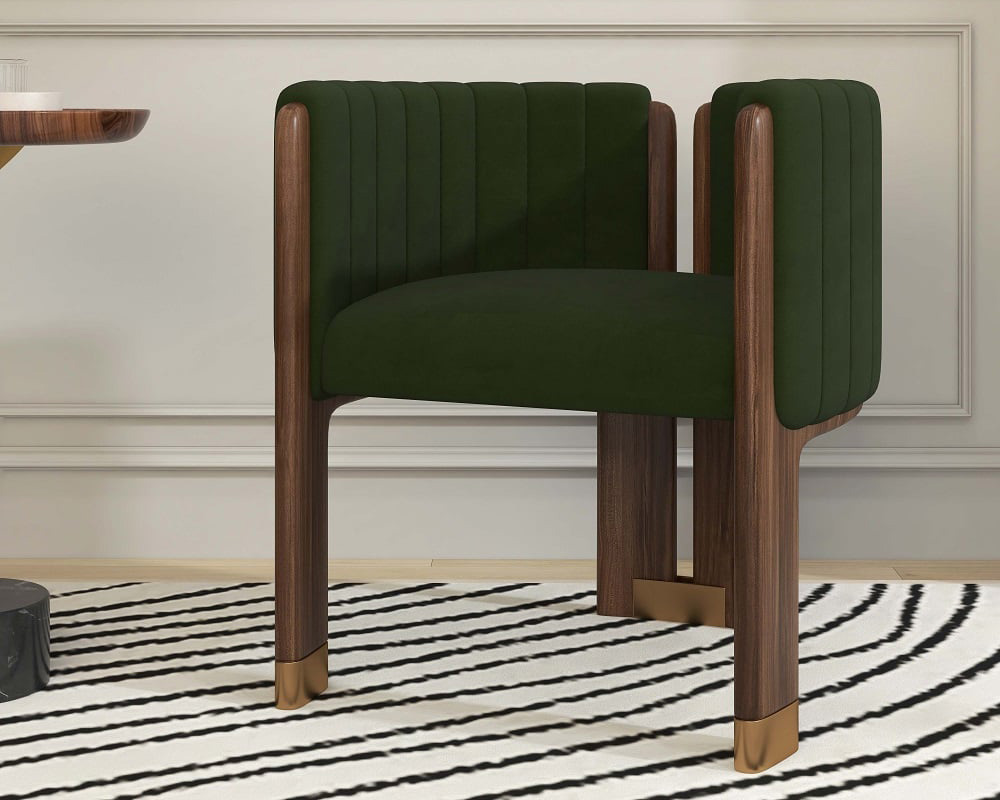 HMR Velvet Fluted Upholstered Accent Chair with Wood Frame (Set of 2) - Green