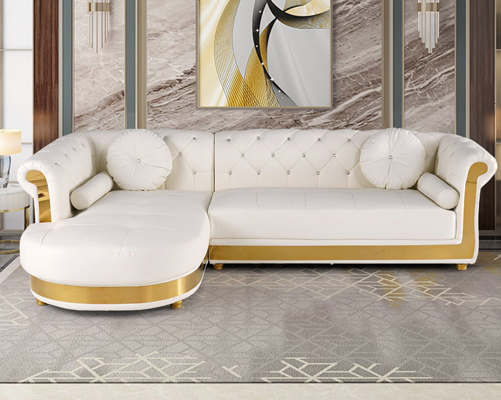 HMR Dodiy Modern L-Shaped Corner Leather Sectional Sofa 5-Seater with Chaise Pillows - White, Left-Hand Facing