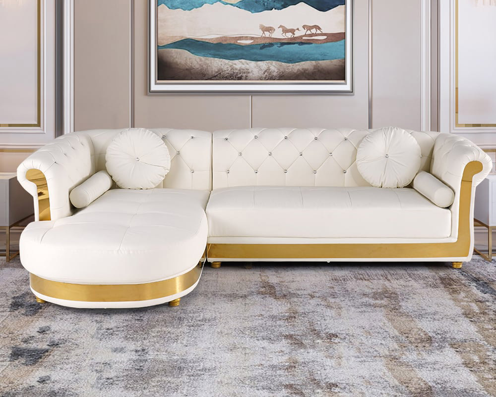 HMR Dodiy Modern L-Shaped Corner Leather Sectional Sofa 5-Seater with Chaise Pillows - White, Left-Hand Facing