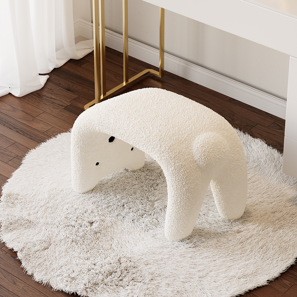HMR - Modern White Cute Makeup Accent Chair Teddy Velvet Vanity Stool Kids Stool Upholstery