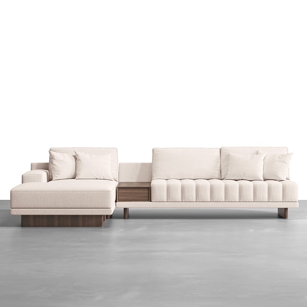 HMR L-Shaped Modular Sectional Sofa & Square Sintered Stone Block Coffee Table - White, Cotton & Linen, Style D