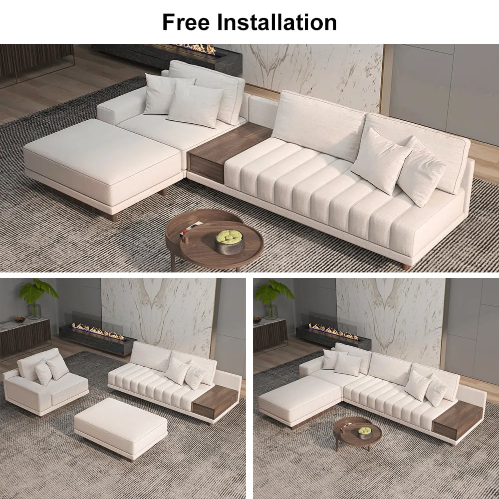 HMR L-Shaped Modular Sectional Sofa & Square Sintered Stone Block Coffee Table - White, Cotton & Linen, Style D