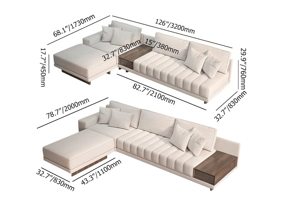 HMR L-Shaped Modular Sectional Sofa & Square Sintered Stone Block Coffee Table - White, Cotton & Linen, Style D