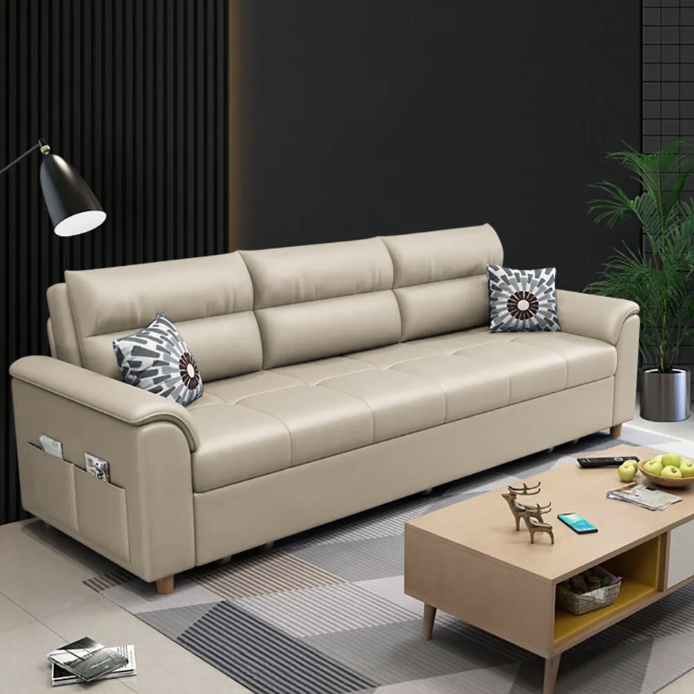HMR Queen 2-Seater Sleeper Sofa - Beige, Leath-aire