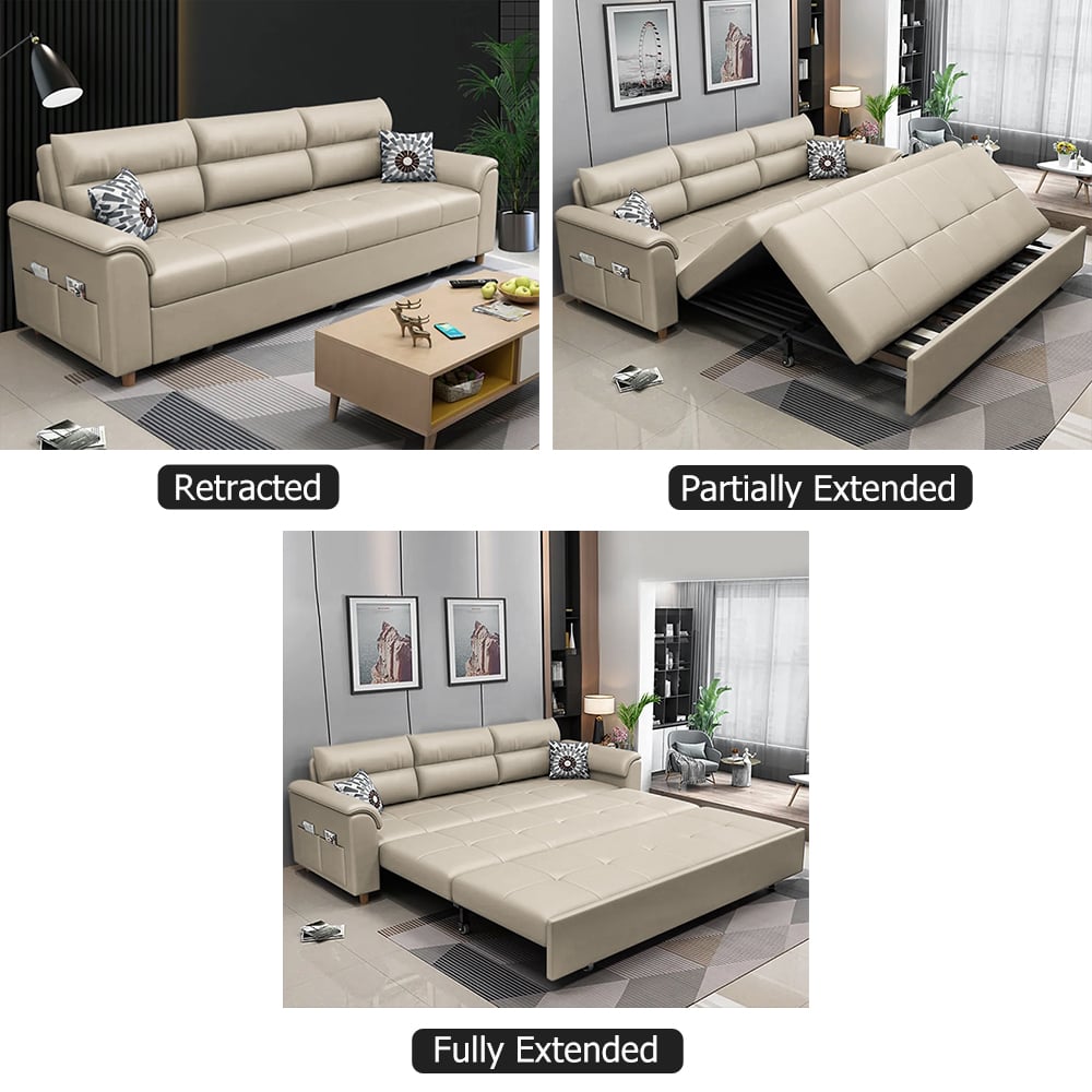 HMR Queen 2-Seater Sleeper Sofa - Beige, Leath-aire