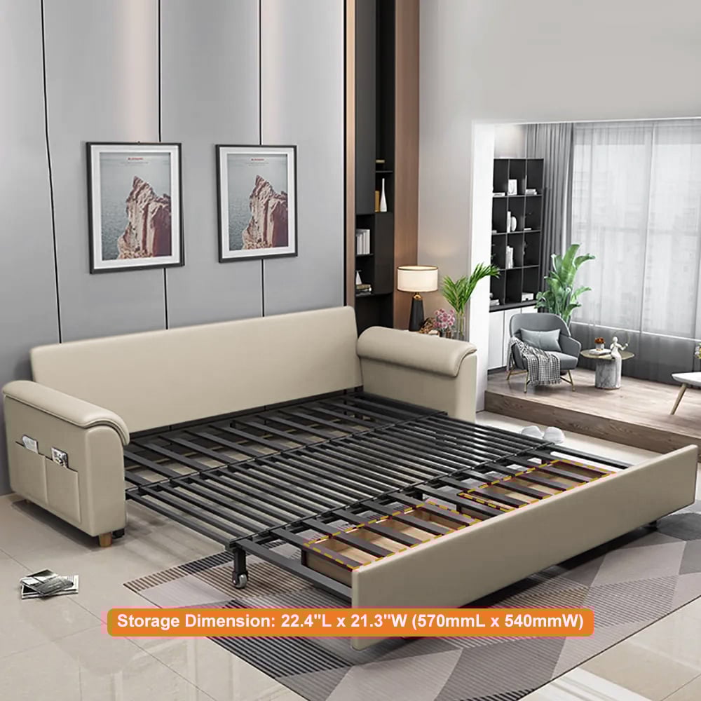 HMR Queen 2-Seater Sleeper Sofa - Beige, Leath-aire
