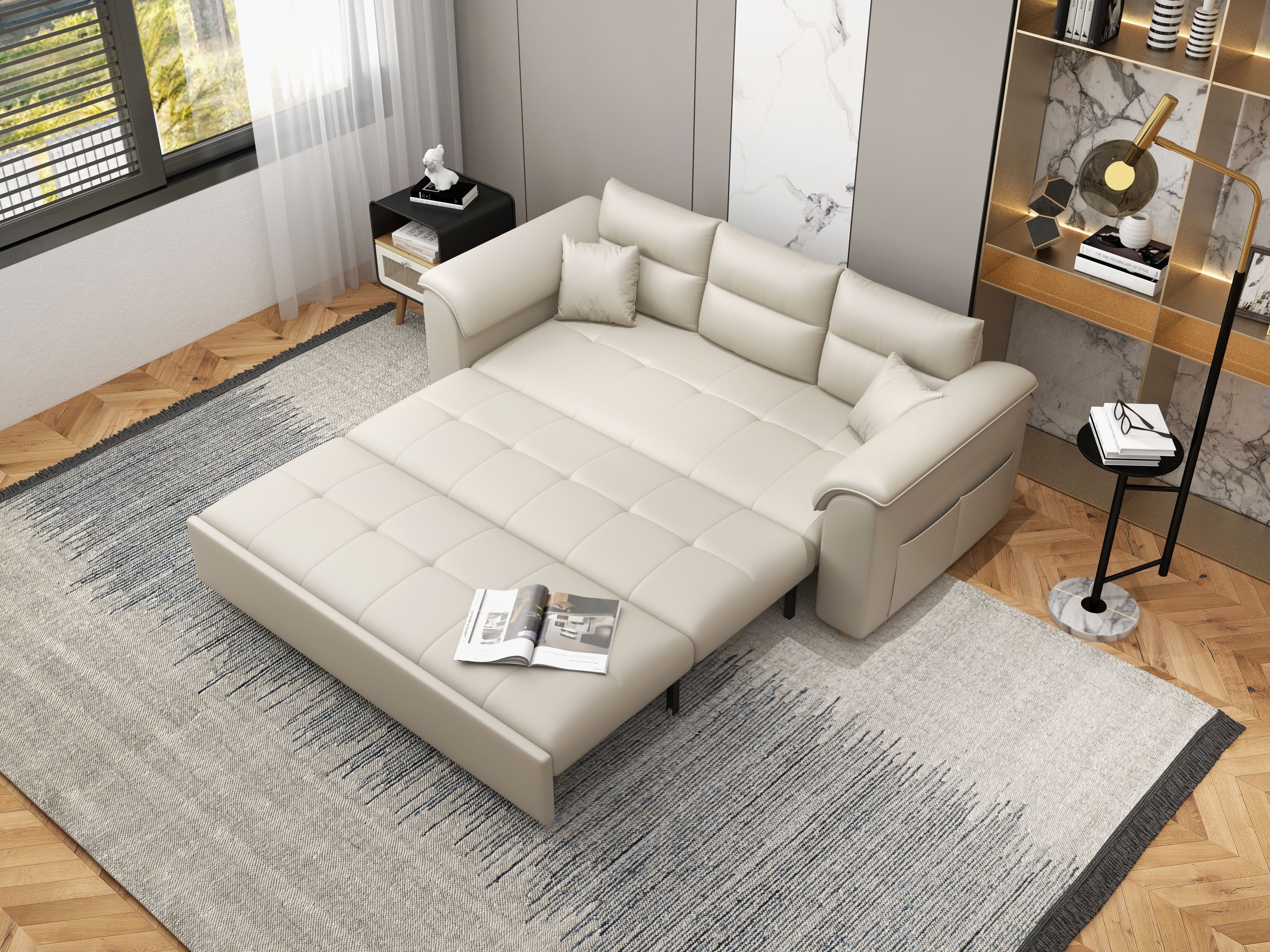 HMR Queen 2-Seater Sleeper Sofa - Beige, Leath-aire