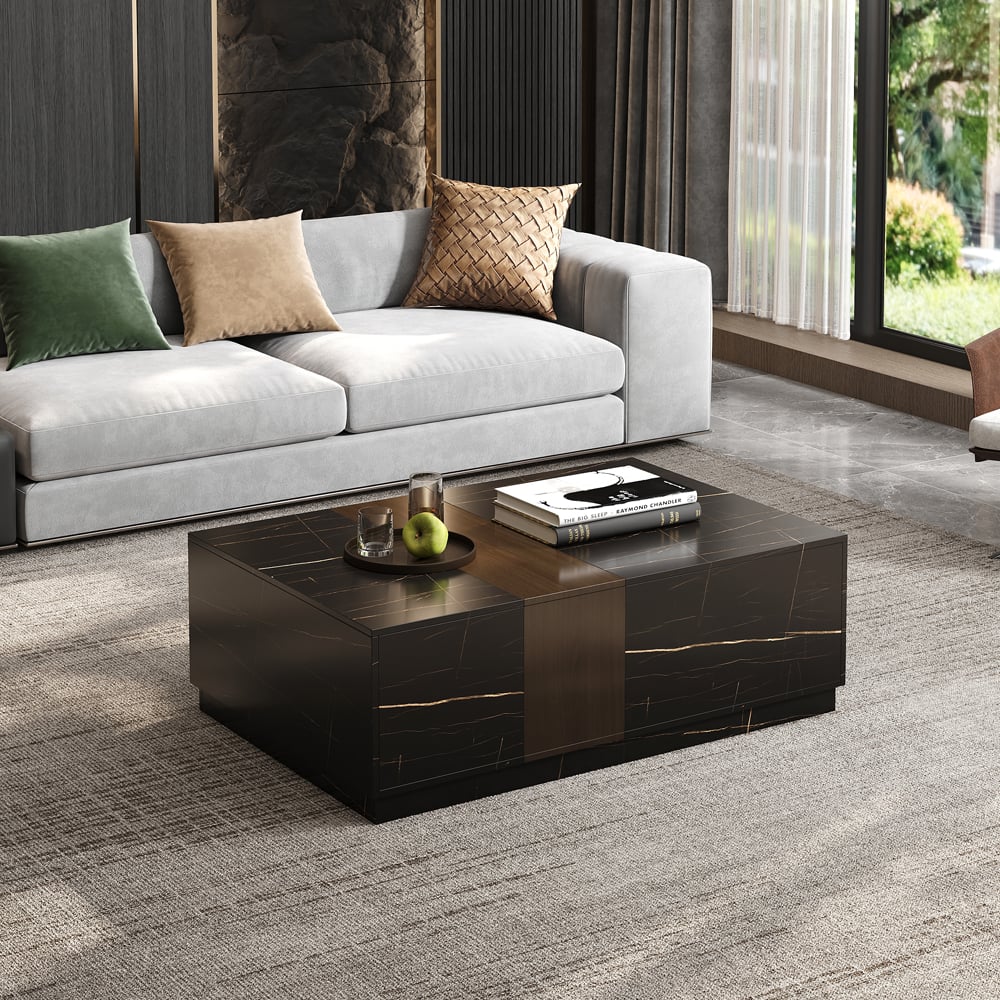 HMR Vewal 47.2" Marble & Walnut Veneer Block Coffee Table with 2 Drawers - Black & Walnut