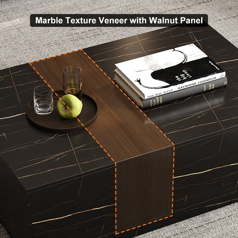 HMR Vewal 47.2" Marble & Walnut Veneer Block Coffee Table with 2 Drawers - Black & Walnut