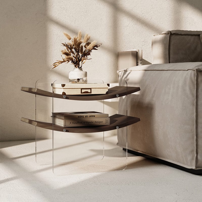 HMR - Modern Clear Acrylic Side Table with Two Curved Shelves in Walnut End Table