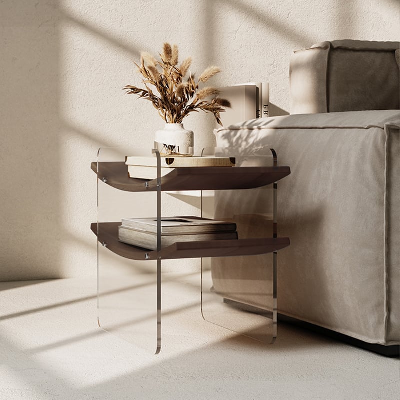 HMR - Modern Clear Acrylic Side Table with Two Curved Shelves in Walnut End Table