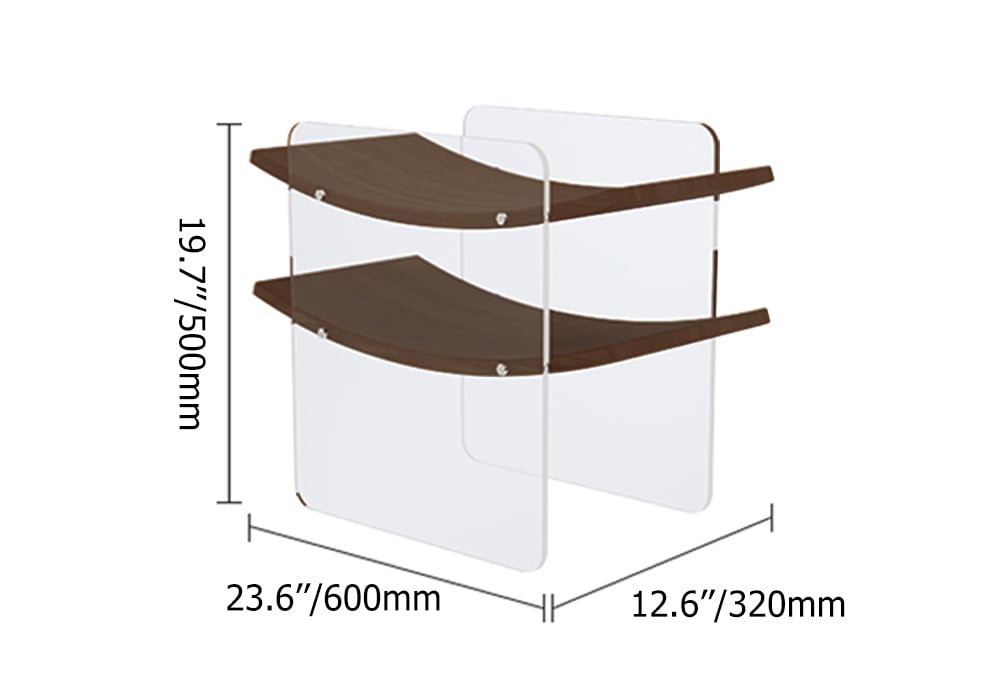 HMR - Modern Clear Acrylic Side Table with Two Curved Shelves in Walnut End Table