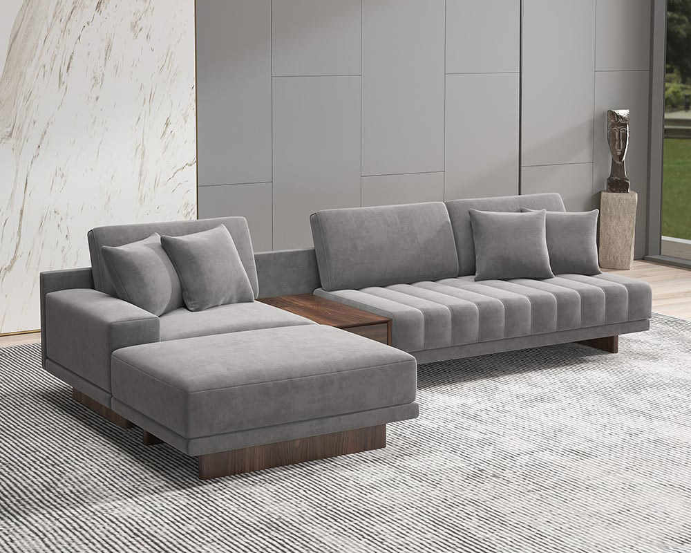 HMR 126" L-Shaped Modular Sectional with Chaise & Ottoman - Gray, Velvet