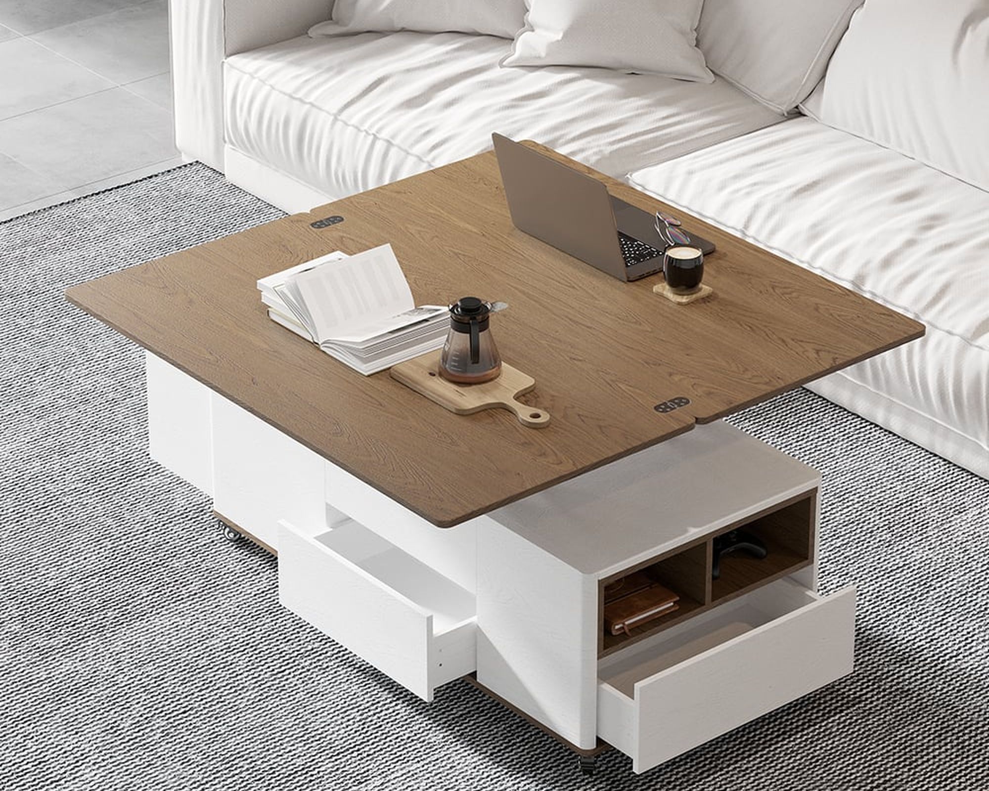 HMR Modern 47" Lift Top Foldable Coffee Table Multi Functional Table with 3 Drawers & Cabinet - White/Walnut