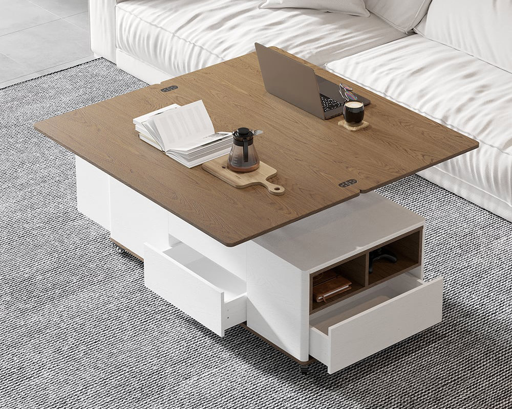 HMR Modern 47" Lift Top Foldable Coffee Table Multi Functional Table with 3 Drawers & Cabinet - White/Walnut