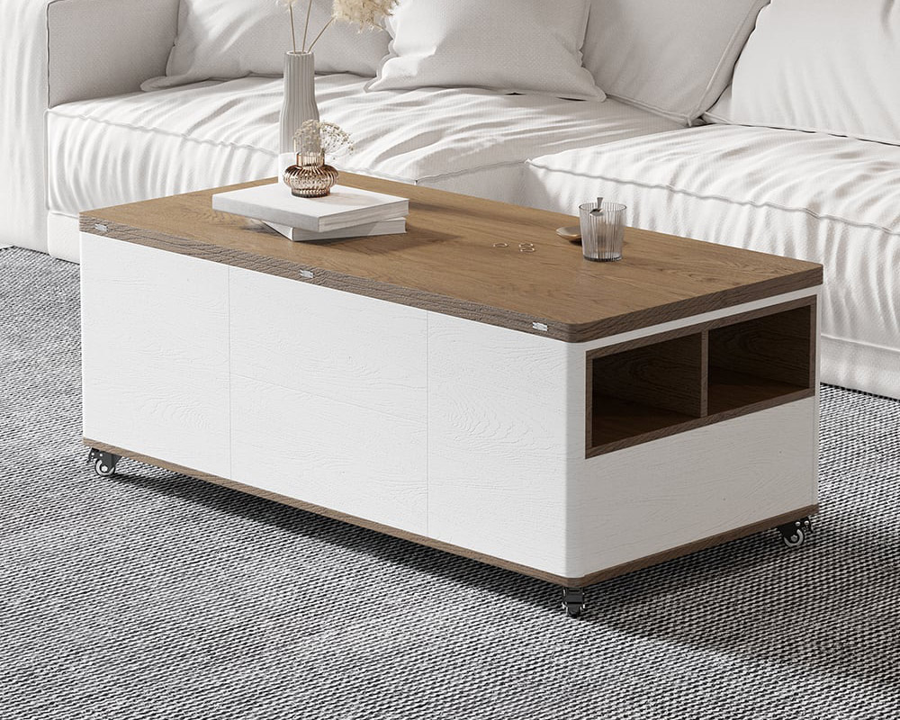HMR Modern 47" Lift Top Foldable Coffee Table Multi Functional Table with 3 Drawers & Cabinet - White/Walnut