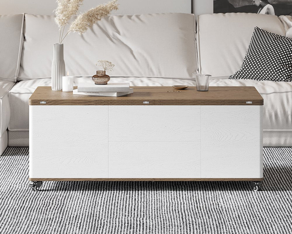 HMR Modern 47" Lift Top Foldable Coffee Table Multi Functional Table with 3 Drawers & Cabinet - White/Walnut