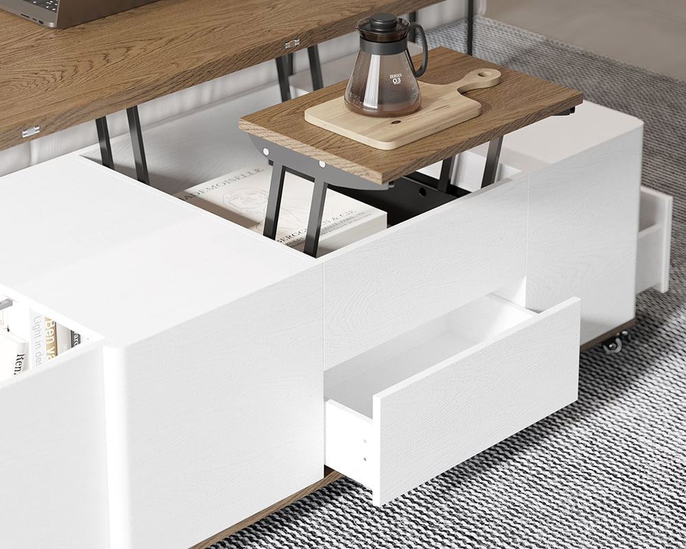 HMR Modern 47" Lift Top Foldable Coffee Table Multi Functional Table with 3 Drawers & Cabinet - White/Walnut