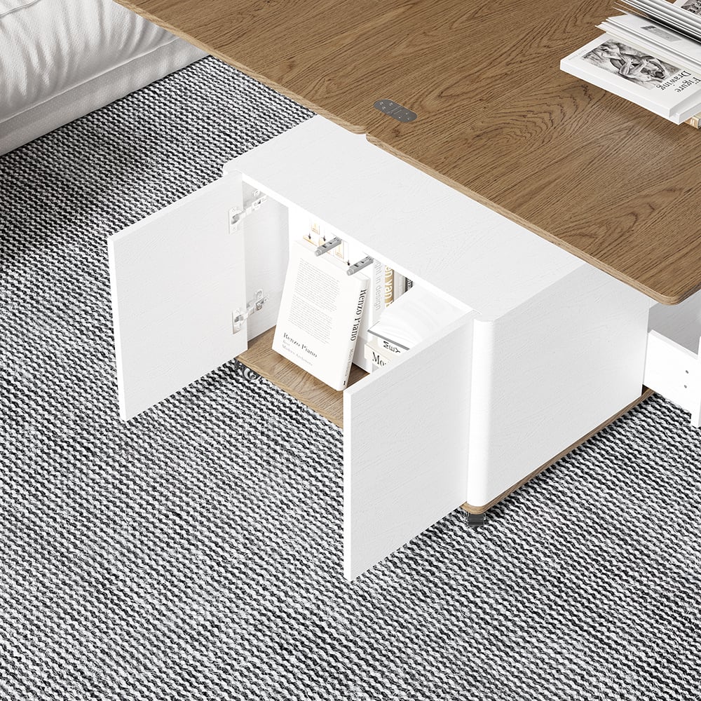 HMR Modern 47" Lift Top Foldable Coffee Table Multi Functional Table with 3 Drawers & Cabinet - White/Walnut