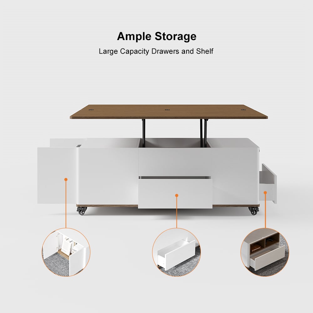 HMR Modern 47" Lift Top Foldable Coffee Table Multi Functional Table with 3 Drawers & Cabinet - White/Walnut