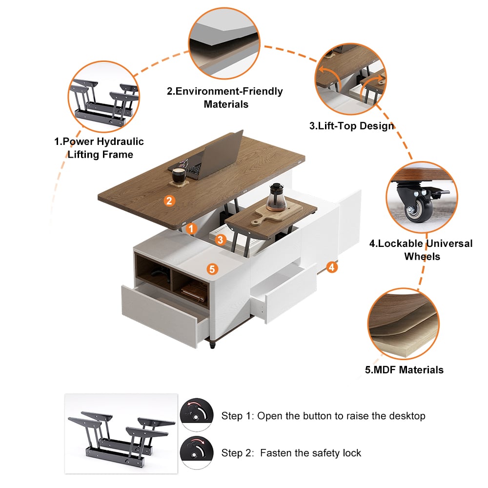 HMR Modern 47" Lift Top Foldable Coffee Table Multi Functional Table with 3 Drawers & Cabinet - White/Walnut