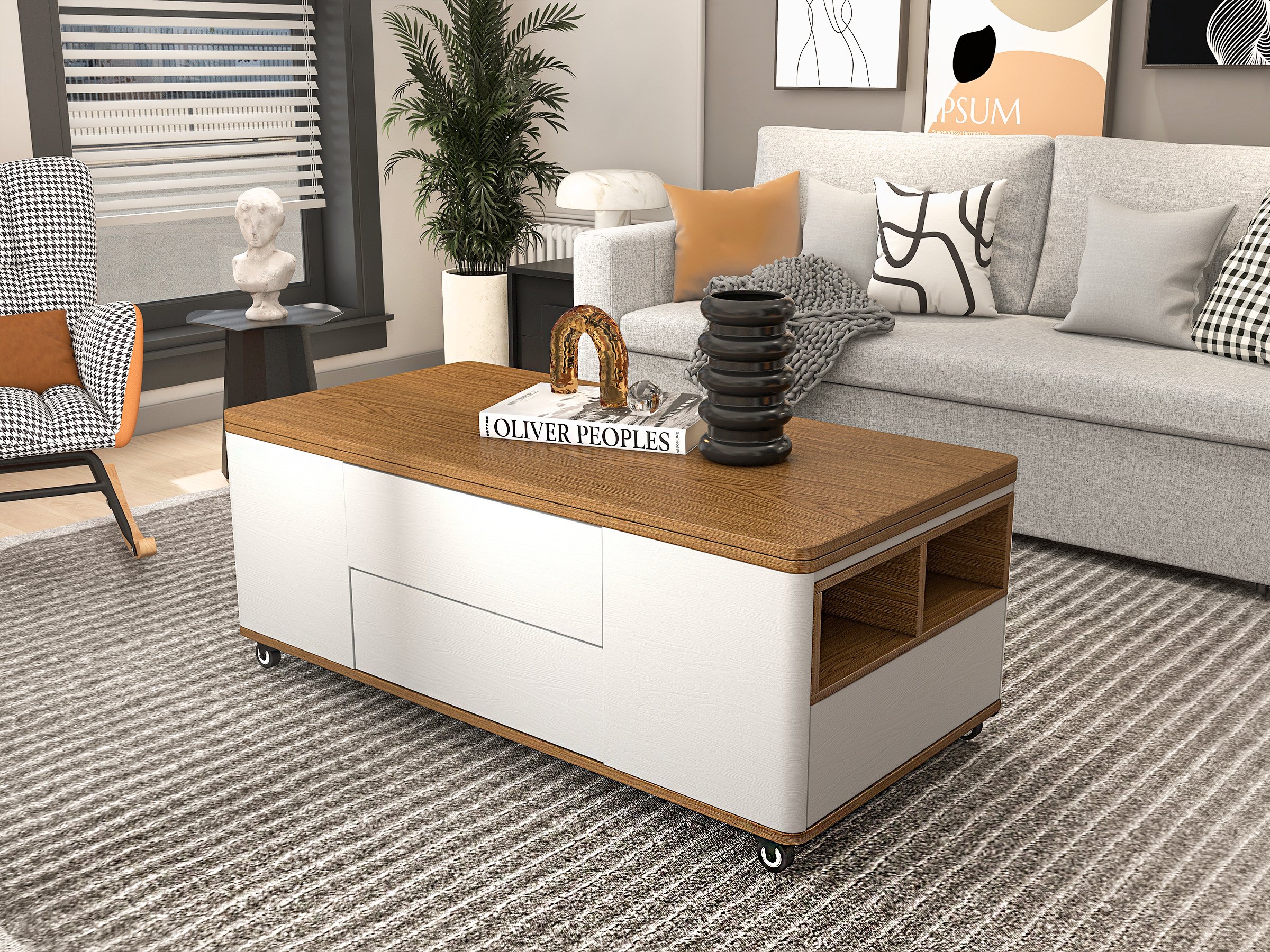 HMR Modern 47" Lift Top Foldable Coffee Table Multi Functional Table with 3 Drawers & Cabinet - White/Walnut