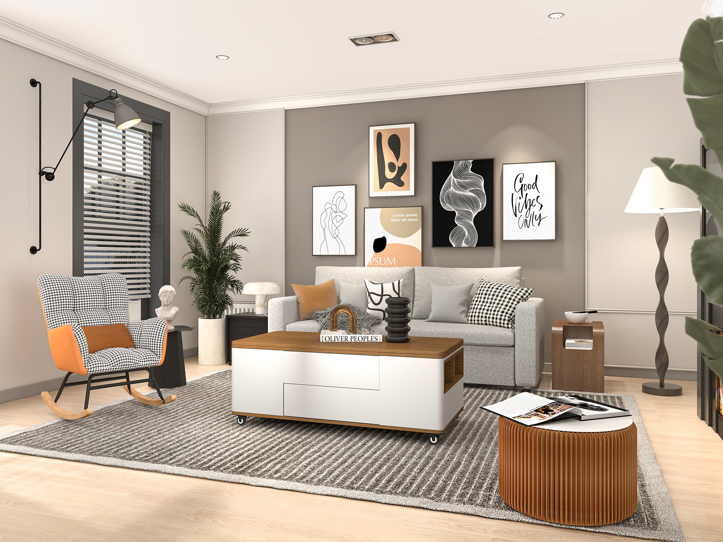 HMR Modern 47" Lift Top Foldable Coffee Table Multi Functional Table with 3 Drawers & Cabinet - White/Walnut