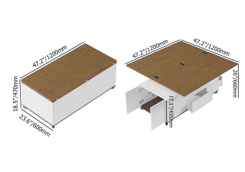 HMR Modern 47" Lift Top Foldable Coffee Table Multi Functional Table with 3 Drawers & Cabinet - White/Walnut
