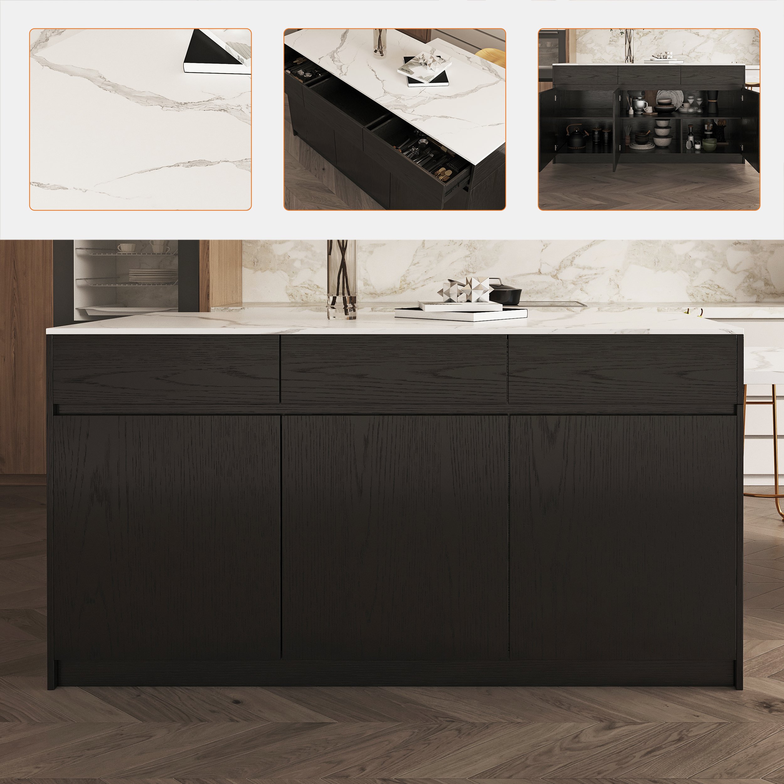 HMR 83''-106" Extendable Kitchen lsland with Doors&Drawers - Black, Engineered Wood, Left-Hand Facing