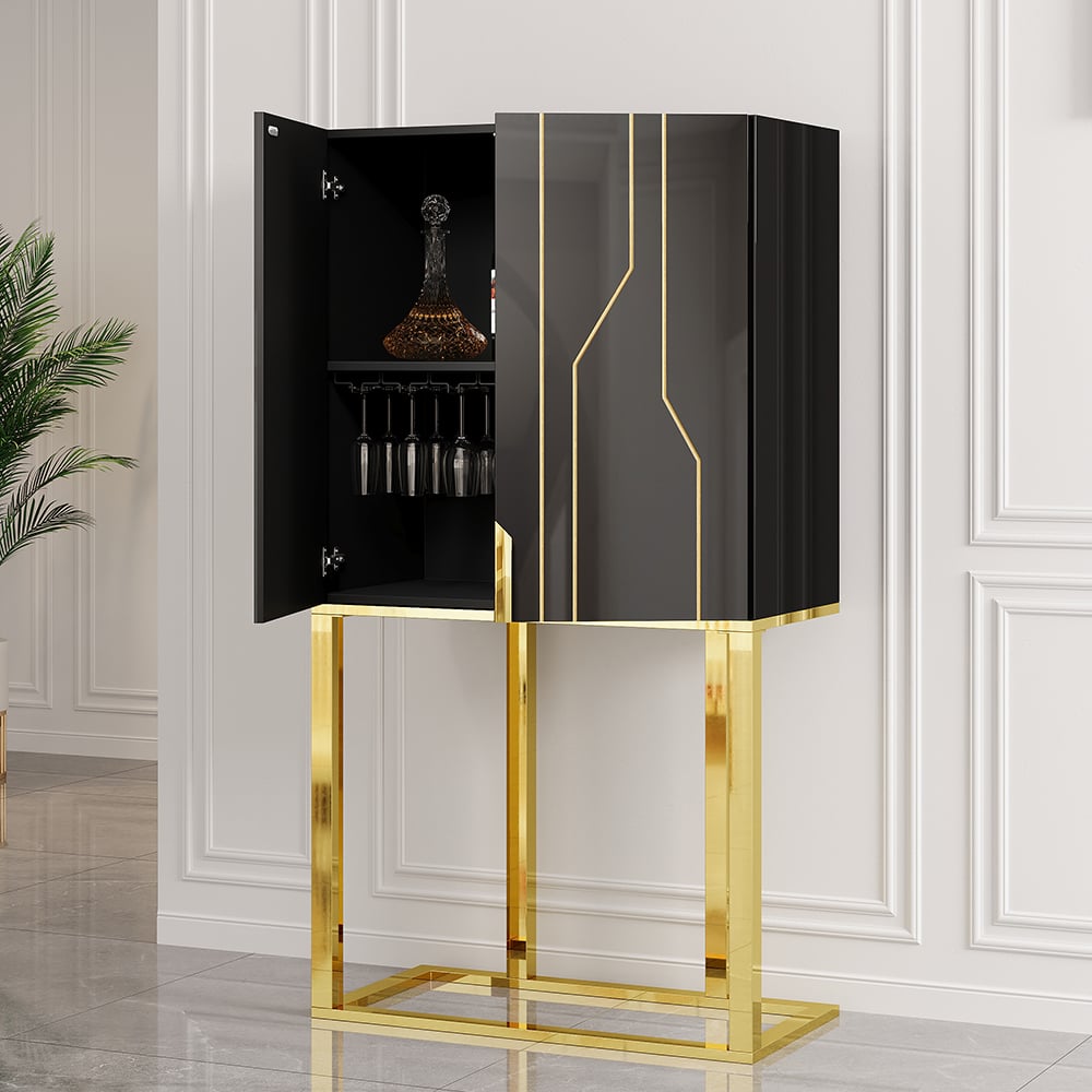 HMR - Modern Glossy Black Bar Cabinet with Door Storage Home Bar Cabinet Stainless Steel