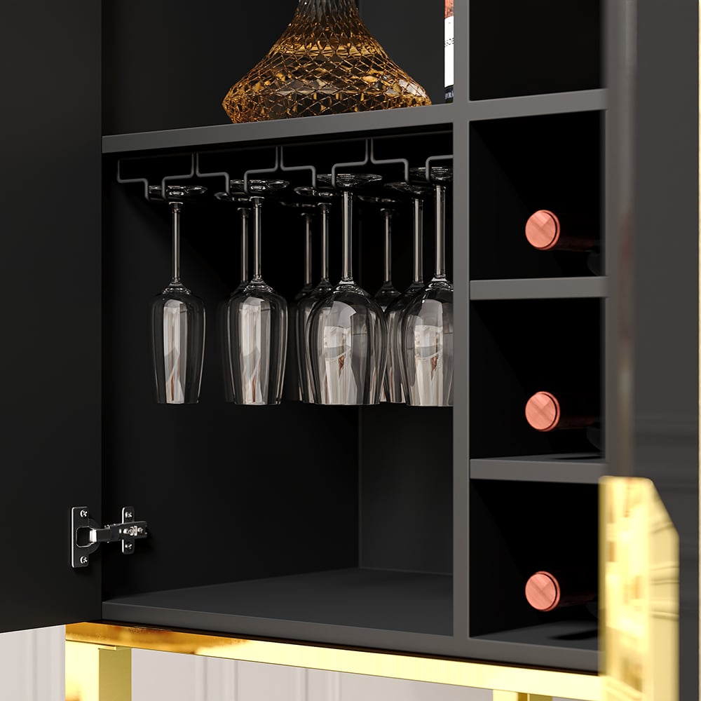 HMR - Modern Glossy Black Bar Cabinet with Door Storage Home Bar Cabinet Stainless Steel