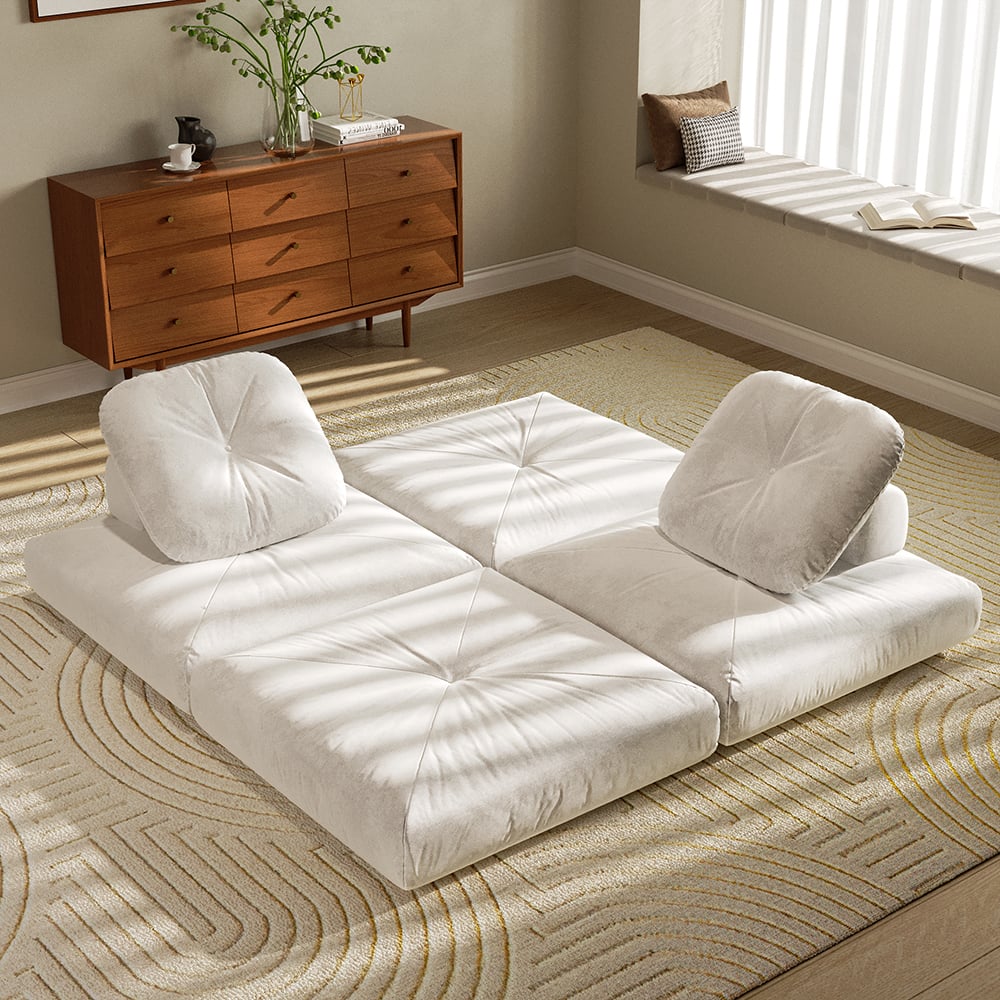 HMR - White Cloud Modular Sectional Convertible 3-Seater Sofa Velvet Upholstered with Pillows