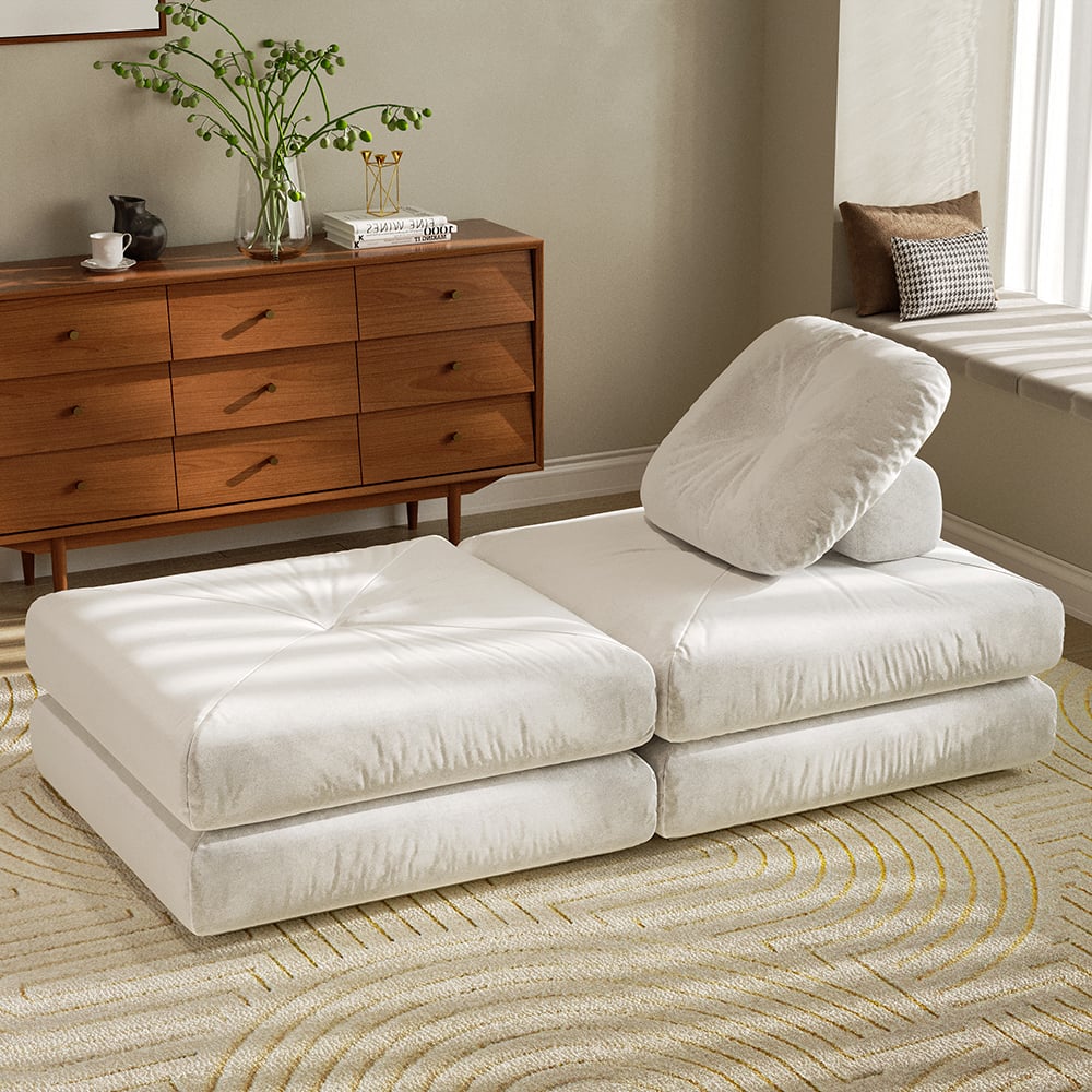 HMR - White Cloud Modular Sectional Convertible 3-Seater Sofa Velvet Upholstered with Pillows