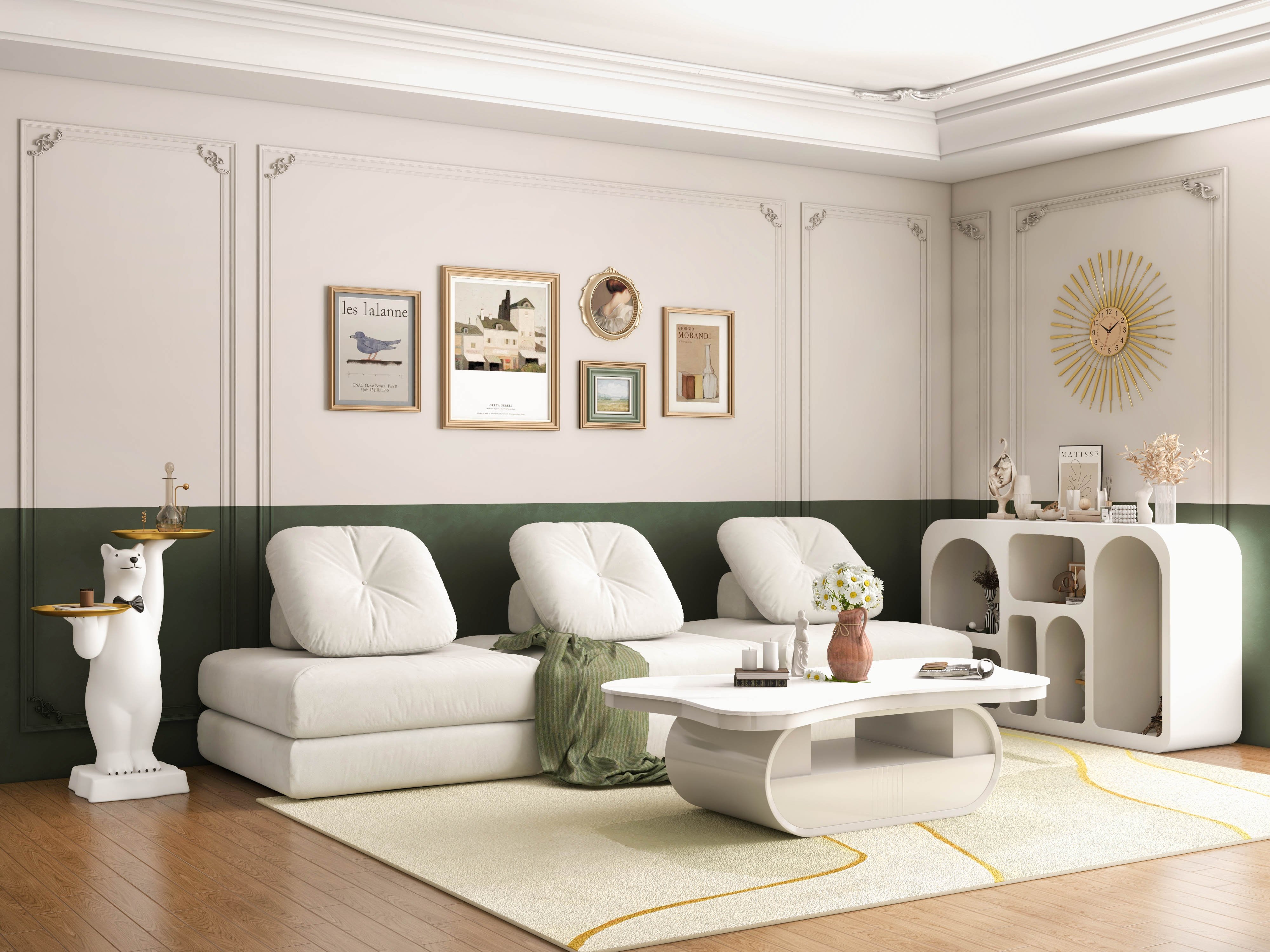 HMR - White Cloud Modular Sectional Convertible 3-Seater Sofa Velvet Upholstered with Pillows