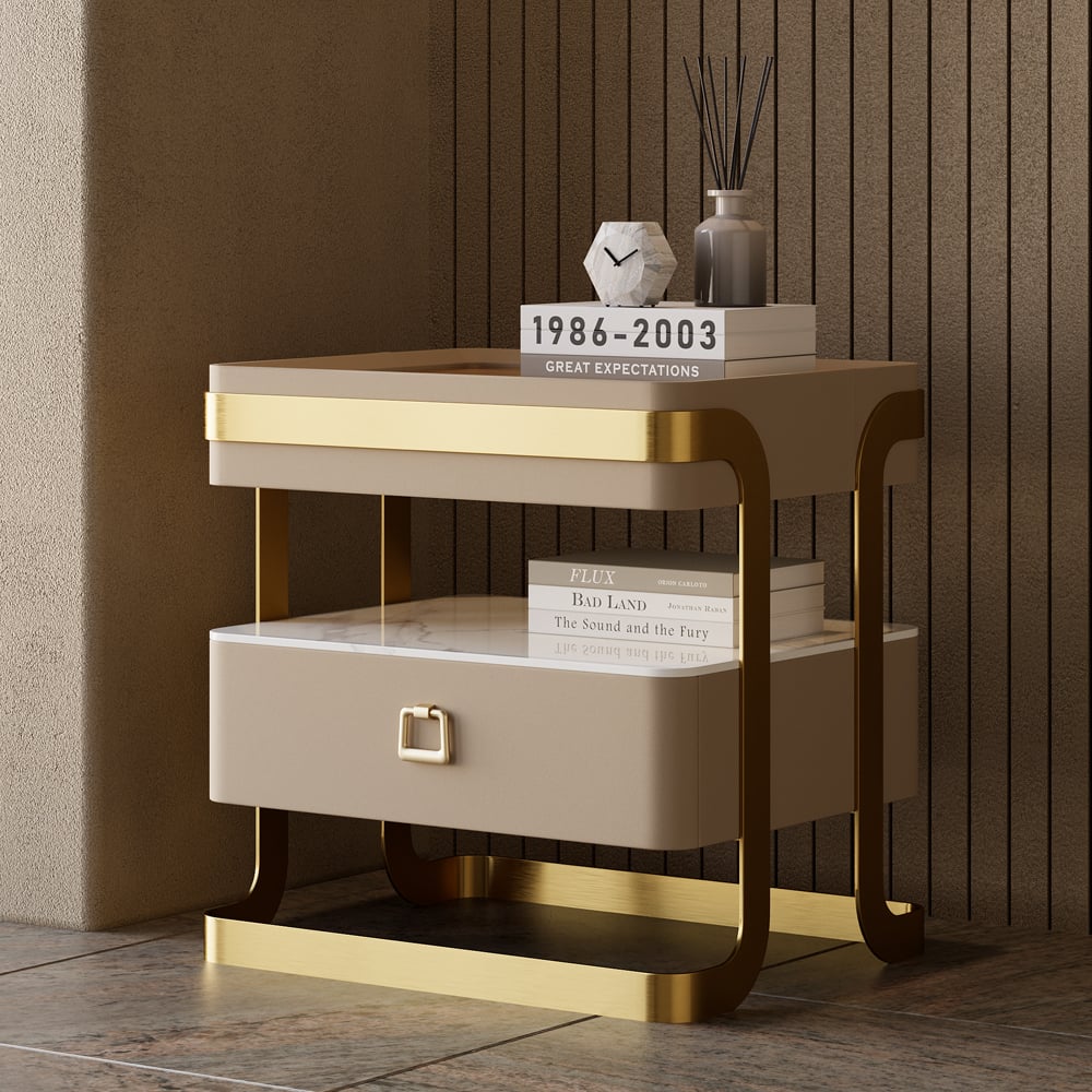 HMR - Modern Tempered Glass Nightstand with Sintered Stone Shelf Bedside Table with Drawer