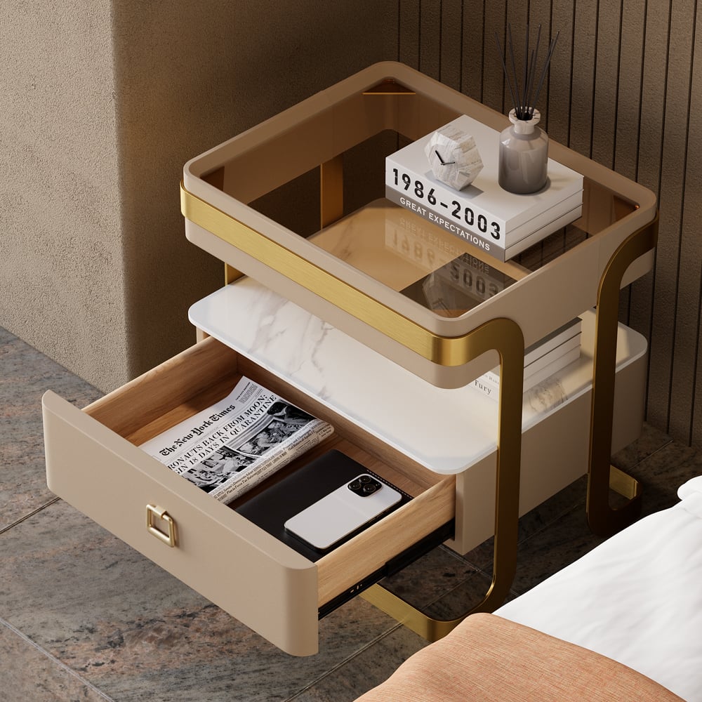 HMR - Modern Tempered Glass Nightstand with Sintered Stone Shelf Bedside Table with Drawer