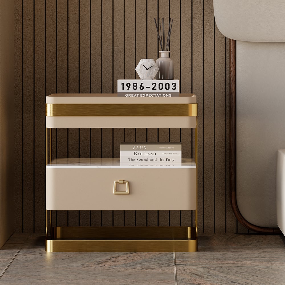 HMR - Modern Tempered Glass Nightstand with Sintered Stone Shelf Bedside Table with Drawer