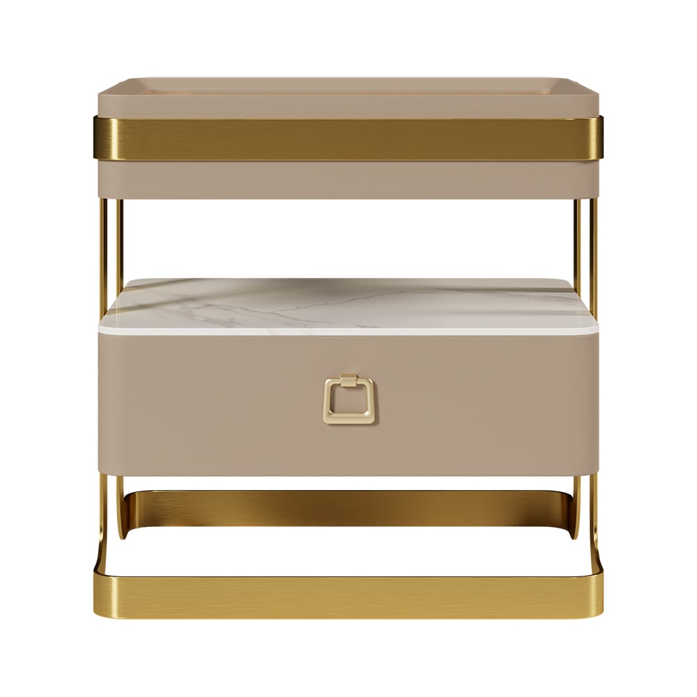 HMR - Modern Tempered Glass Nightstand with Sintered Stone Shelf Bedside Table with Drawer