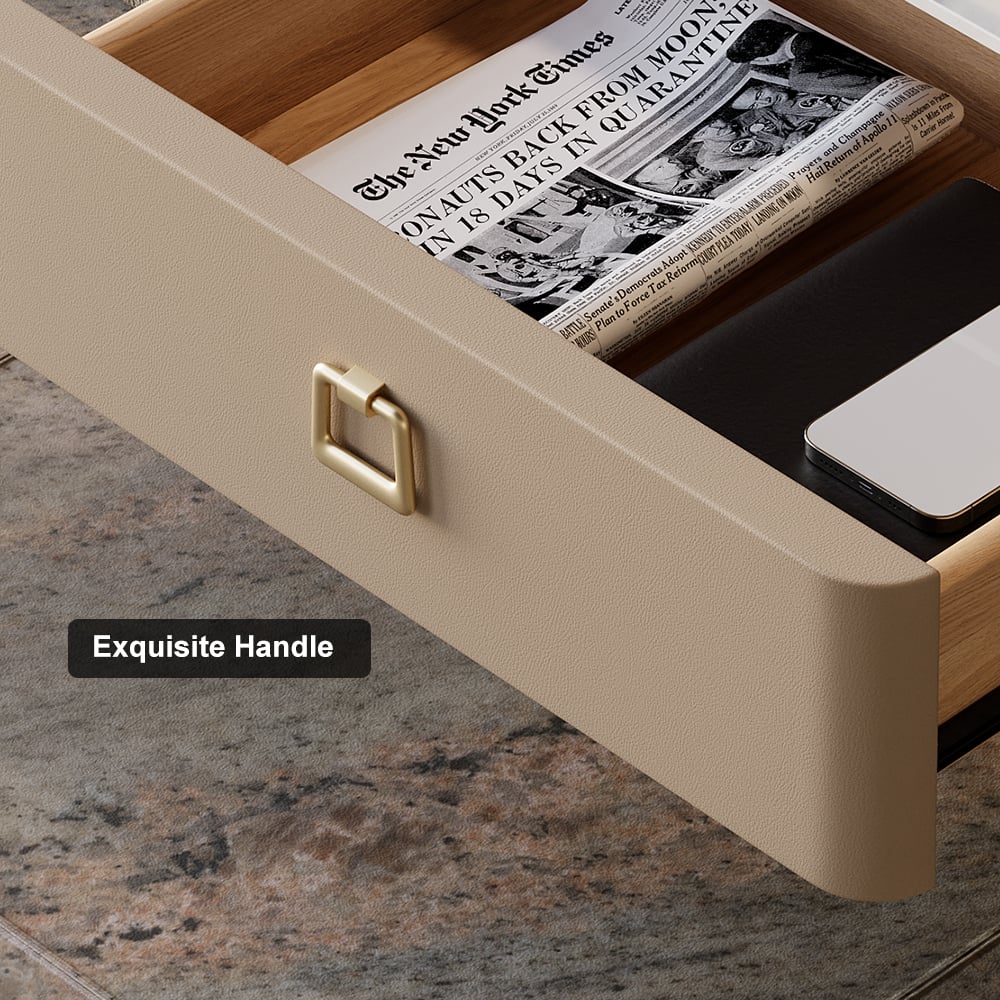 HMR - Modern Tempered Glass Nightstand with Sintered Stone Shelf Bedside Table with Drawer