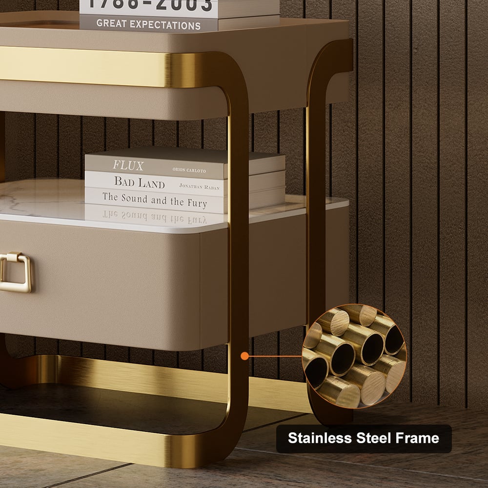 HMR - Modern Tempered Glass Nightstand with Sintered Stone Shelf Bedside Table with Drawer